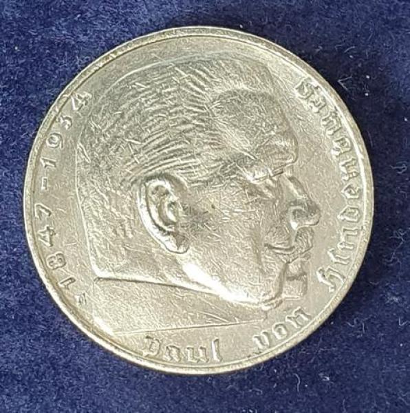 2 Reichsmark Hindenburg 1938, Deutsches Reich, 625er Silbermünze