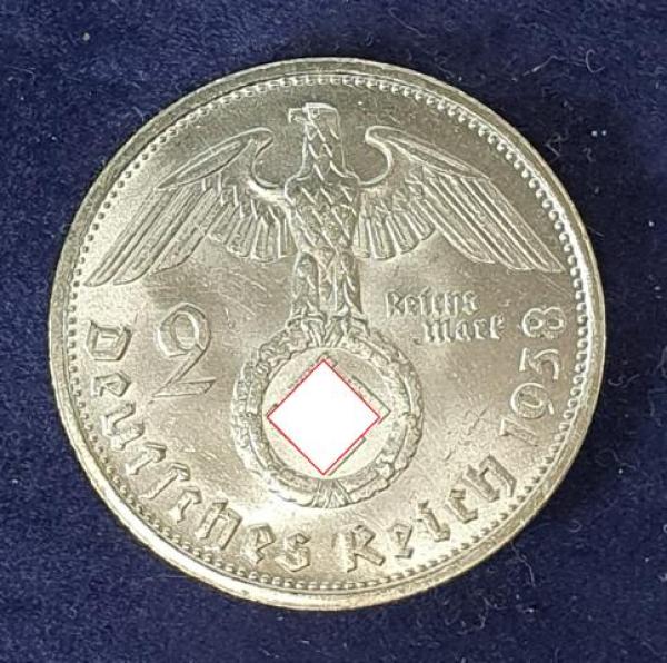 2 Reichsmark Hindenburg 1938, Deutsches Reich, 625er Silbermünze