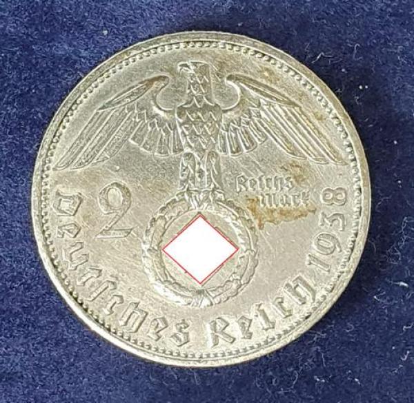 2 Reichsmark Hindenburg 1938 D, Deutsches Reich, 625er Silbermünze