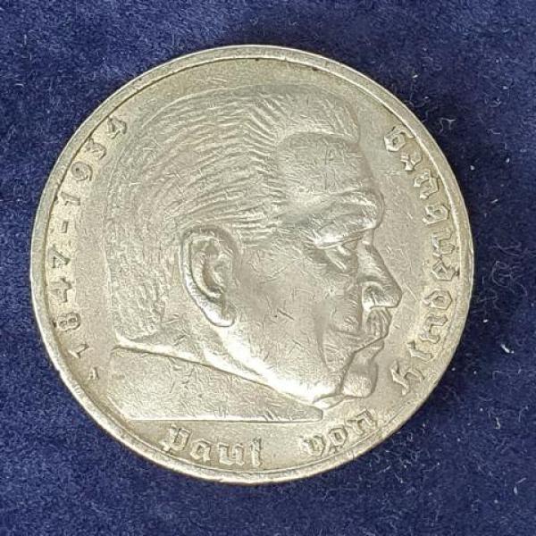 5 Reichsmark Drittes Reich "Hindenburg" 1936 A aus 900er Silber KM94