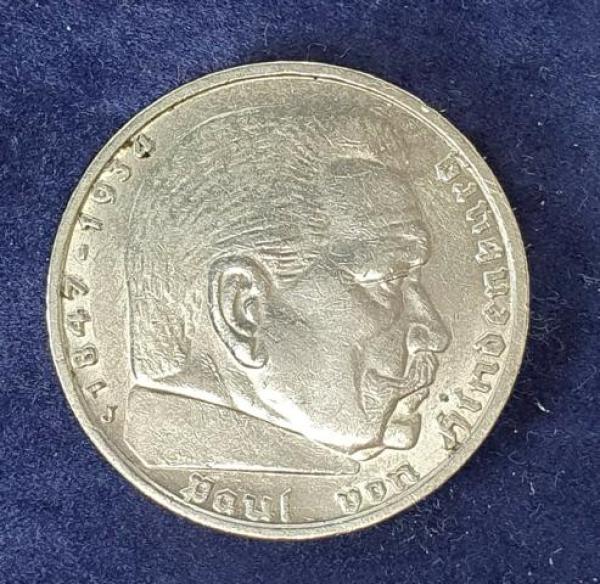 5 Reichsmark Drittes Reich "Hindenburg" 1938 J aus 900er Silber KM94