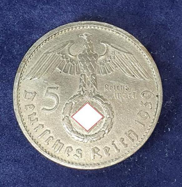 5 Reichsmark Drittes Reich "Hindenburg" 1939 B aus 900er Silber KM94