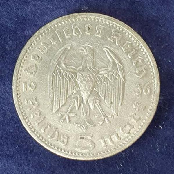 5 Reichsmark Drittes Reich "Hindenburg" 1936 D aus 900er Silber