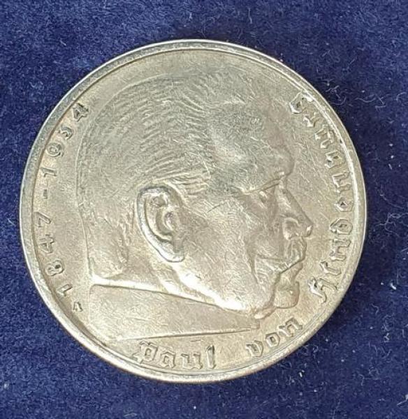 5 Reichsmark Drittes Reich "Hindenburg" 1938 A aus 900er Silber KM94