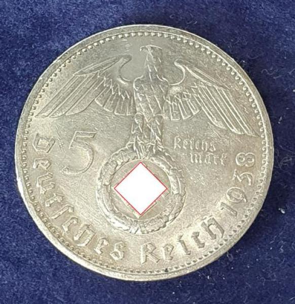5 Reichsmark Drittes Reich "Hindenburg" 1938 F aus 900er Silber KM94
