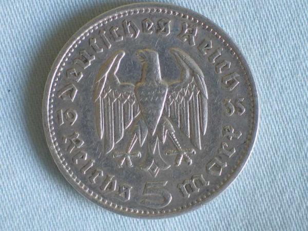 5 Reichsmark Drittes Reich "Hindenburg" 1935 F aus 900er Silber