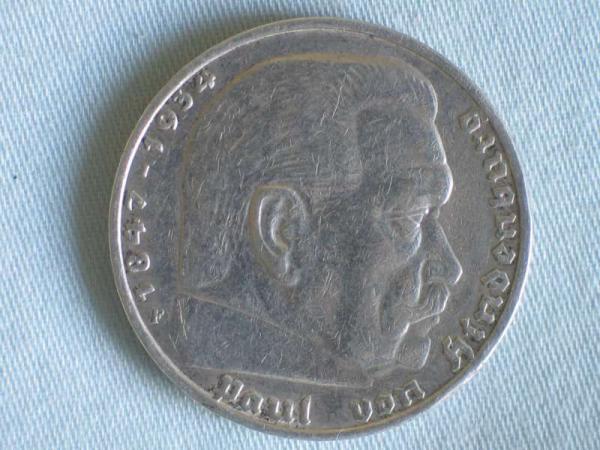 5 Reichsmark Drittes Reich "Hindenburg" 1935 F aus 900er Silber