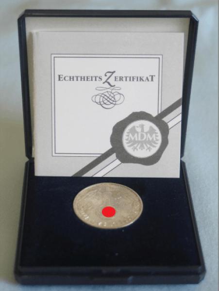 2 Reichsmark Drittes Reich "Hindenburg" 1937 A aus 625er Silber + Echtheitszertifikat
