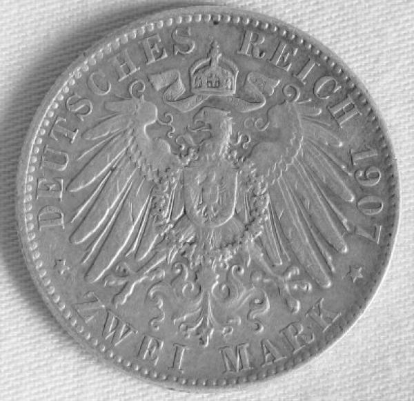 2 Mark Kaiserreich "Friedrich August" 1907 E aus 900er Silber