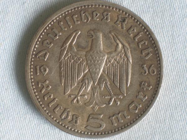 5 Reichsmark "Hindenburg" III Reich 1936 A aus 900er Silber