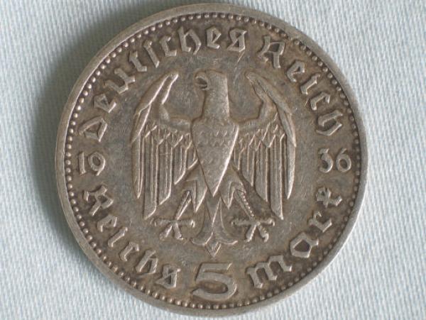 5 Reichsmark "Hindenburg" III Reich 1936 A aus 900er Silber