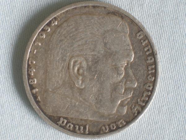 5 Reichsmark "Hindenburg" III Reich 1936 A aus 900er Silber