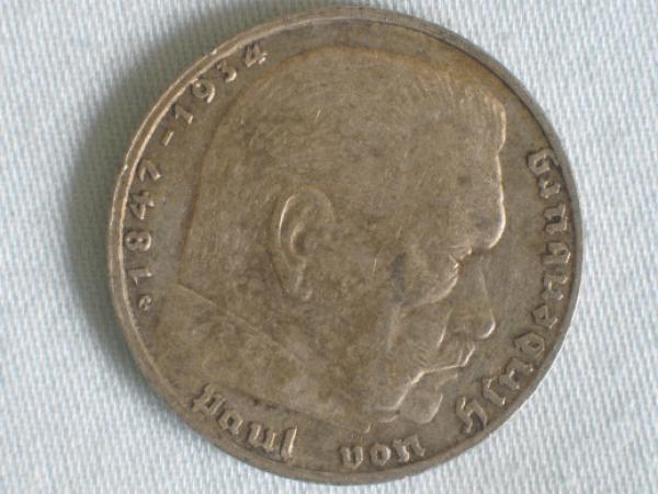 2 Reichsmark "Hindenburg" III Reich 1939 G aus 625er Silber