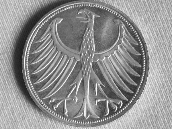 "Silberadler" 5 DM Bundesrepublik aus 625er Silber, 7 Gramm Silber