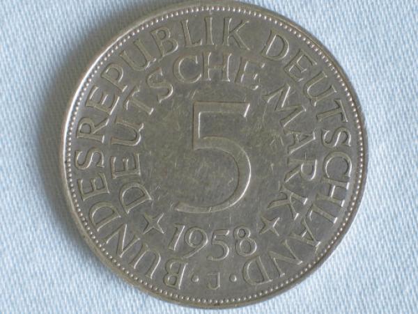 Selten: 5 DM Silberadler aus 625er Silber 1958 J, Aufl. 60.000 Stück