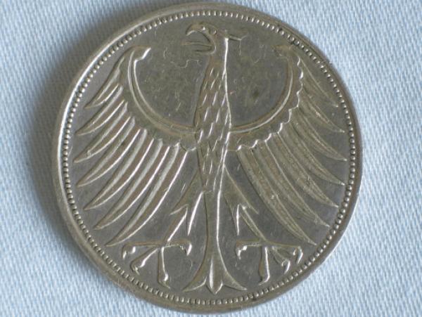 Selten: 5 DM Silberadler aus 625er Silber 1958 J, Aufl. 60.000 Stück