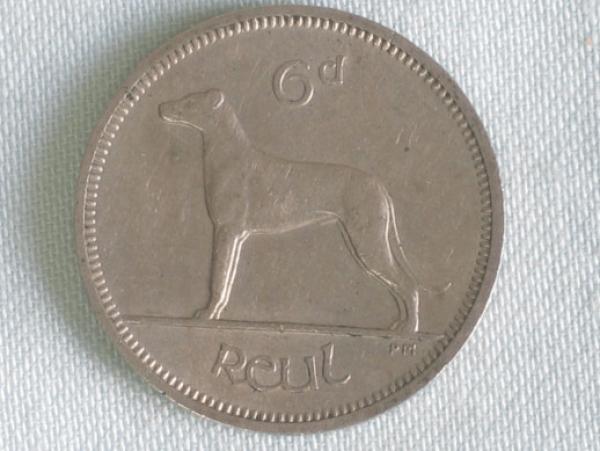 6 Pence 1964, Pingin / 1 Reul "Irischer Wolfshund", Irland CuNi