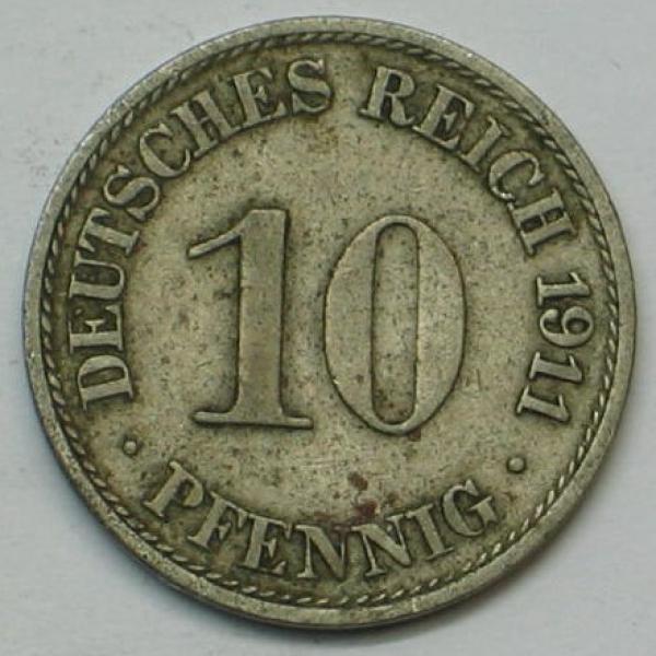 10 Pfennig Kaiserreich 1911 A aus CuNi