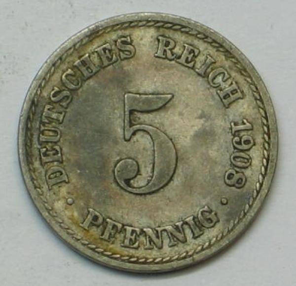 5 Pfennig Kaiserreich 1908 A aus CuNi