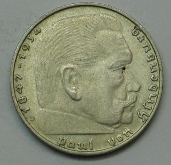 2 Reichsmark "Hindenburg" III Reich 1939 D aus 625er Silber