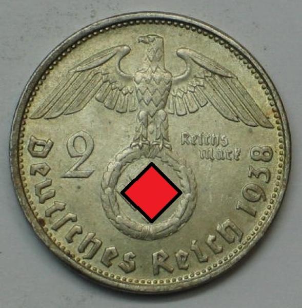 2 Reichsmark "Hindenburg" III Reich 1938 B aus 625er Silber