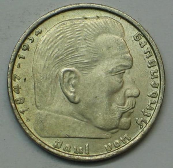 2 Reichsmark "Hindenburg" III Reich 1938 B aus 625er Silber