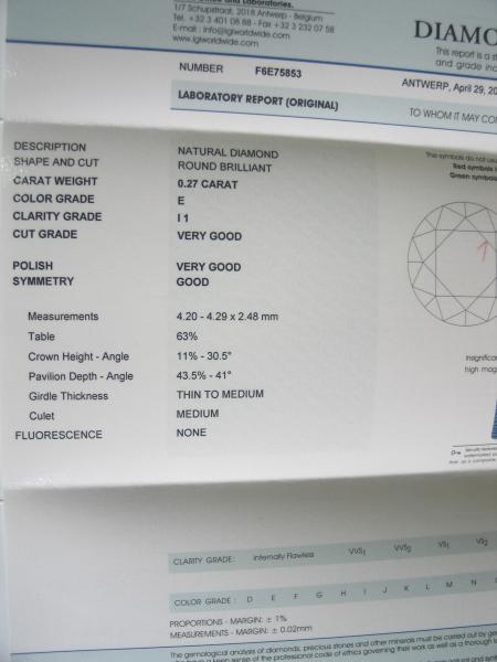 Diamant im Brillantschliff 0.27 ct / I1 / E / VG / VG / G / mit IGI Report