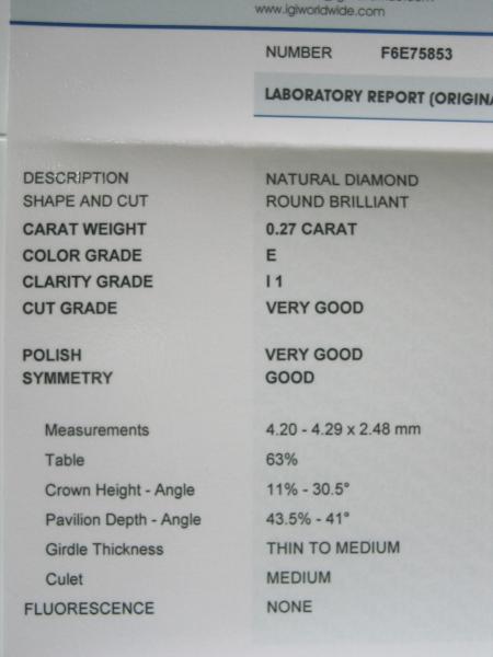 Diamant im Brillantschliff 0.27 ct / I1 / E / VG / VG / G / mit IGI Report