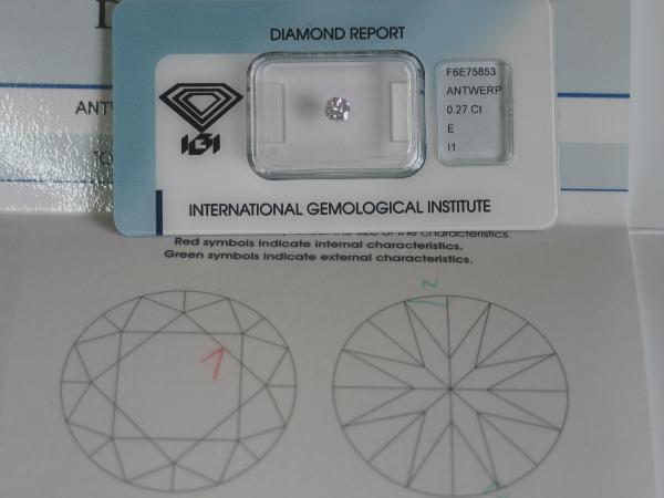 Diamant im Brillantschliff 0.27 ct / I1 / E / VG / VG / G / mit IGI Report