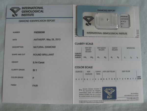Diamant im Brillantschliff 0.14 ct / SI1 / F / Fair / mit IGI Report