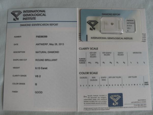 Diamant im Brillantschliff 0.13 ct / VS2 / G / Good / mit IGI Report