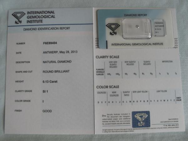 Diamant im Brillantschliff 0.13 ct / SI1 / I / Good / mit IGI Report