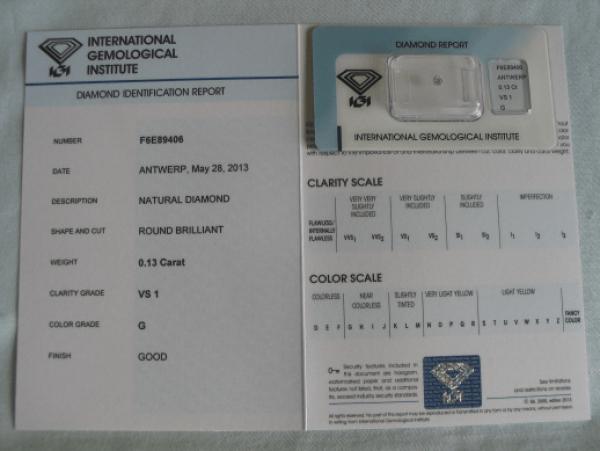 Diamant im Brillantschliff 0.13 ct / VS1 / G / Good / mit IGI Report