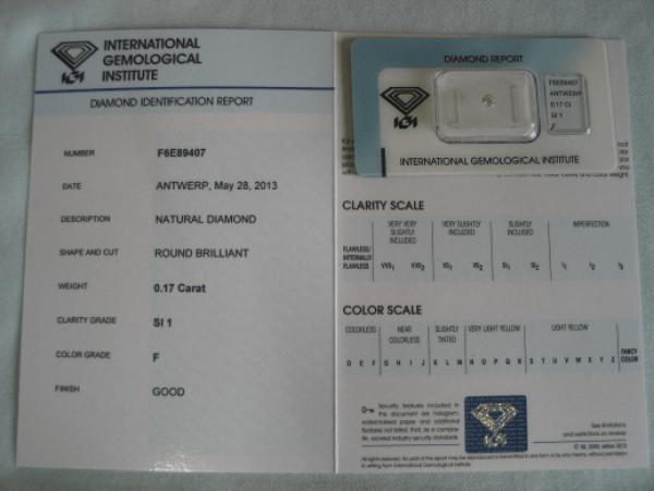 Diamant im Brillantschliff 0.17 ct / SI1 / F / Good / mit IGI Report