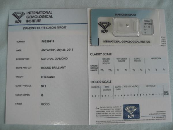 Diamant im Brillantschliff 0.14 ct / SI1 / G / Good / mit IGI Report