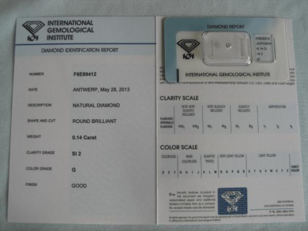 Diamant im Brillantschliff 0.14 ct / SI2 / G / Good / mit IGI Report
