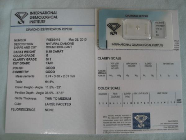 Diamant im Brillantschliff 0.18 ct / SI1 / G / F / G / G / mit IGI Report