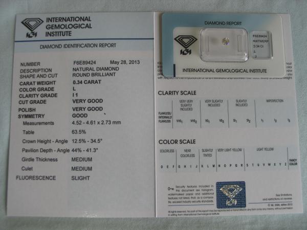 Diamant im Brillantschliff 0.34 ct / I1/ L / VG / VG / G / mit IGI Report