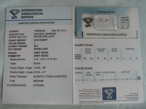 Diamant im Brillantschliff 0.35 ct/ SI2/ I/ Excellent / VG / VG / mit IGI Report