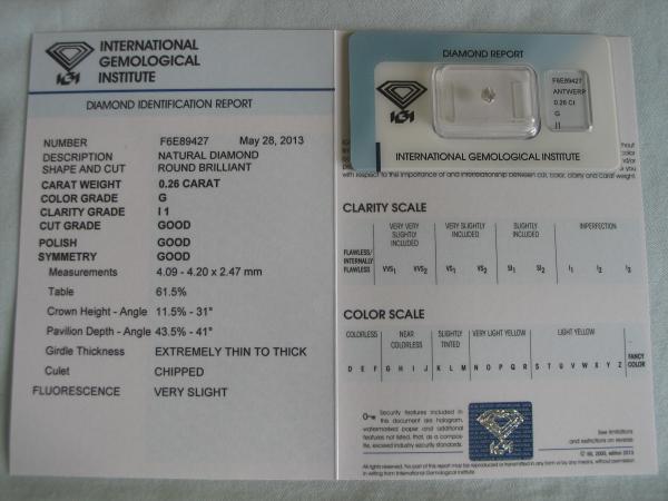 Diamant im Brillantschliff 0.26 ct / I1 / G / G / G / G / mit IGI Report