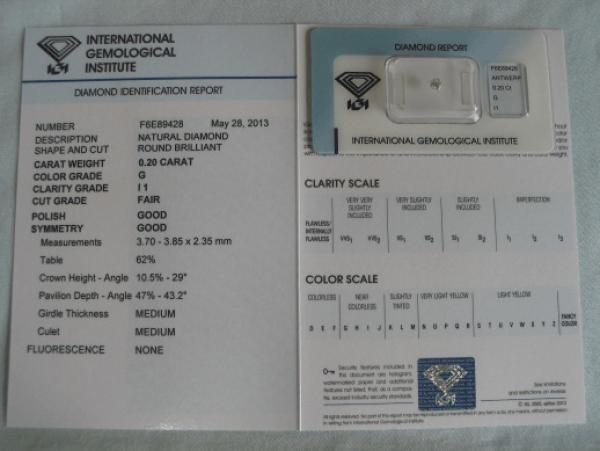 Diamant im Brillantschliff 0.20 ct / I1 / G / F / G / G / mit IGI Report