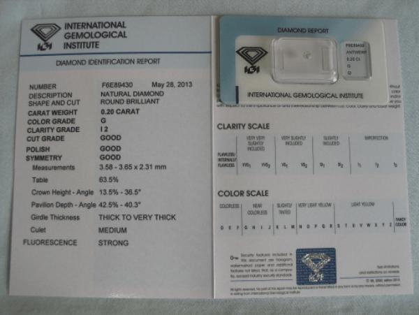 Diamant im Brillantschliff 0.20 ct / I2 / G / G / G / G / mit IGI Report