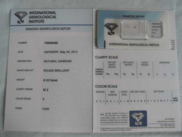 Diamant im Brillantschliff 0.10 ct / SI2 / F / Fair / mit IGI Report