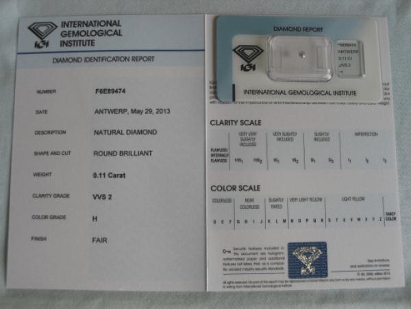 Diamant im Brillantschliff 0.11 ct / VVS2 / H / Fair / mit IGI Report