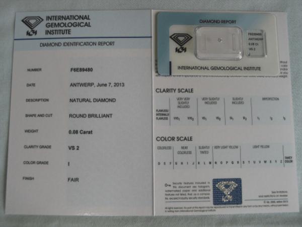 Diamant im Brillantschliff 0.08 ct / VS2 / I / Fair / mit IGI Report