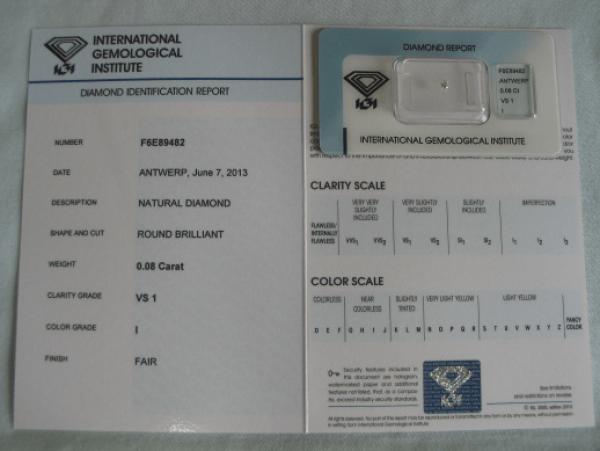 Diamant im Brillantschliff 0.08 ct / VS1 / I / Fair / mit IGI Report