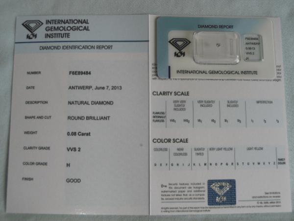 Diamant im Brillantschliff 0.08 ct / VVS2 / H / Good / mit IGI Report