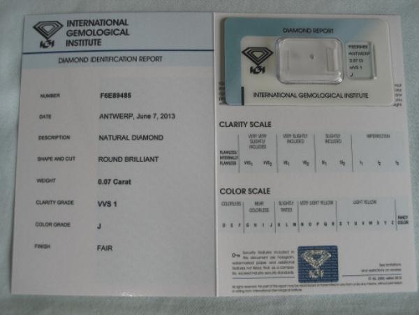 Diamant im Brillantschliff 0.07 ct / VVS1 / J / Fair / mit IGI Report