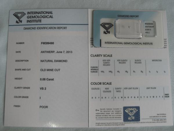 Diamant im Old Mine Cut 0.08 ct / VS2 / I / Poor / mit IGI Report
