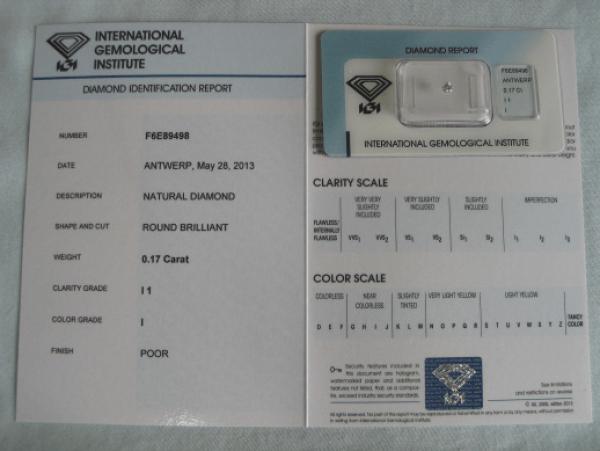 Diamant im Brillantschliff 0.17 ct / I1 / I / Poor / mit IGI Report